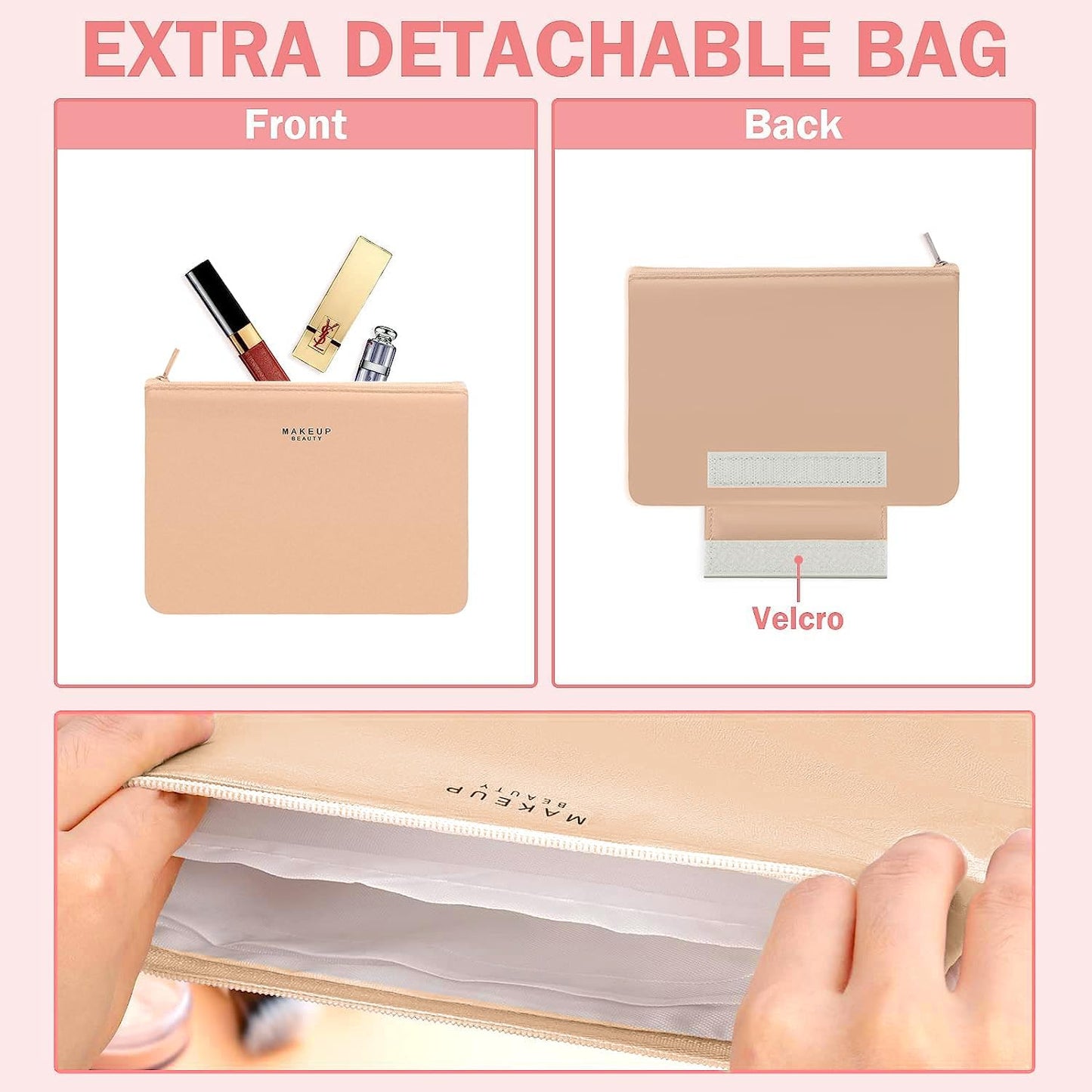 Makeup Bag, Makeup Bag, Travel Beauty Case Women Toiletry Bag, Cosmetic Organizer for Women and Girls[With Brush Holder and Detachable Pouch], green, Makeup Bag