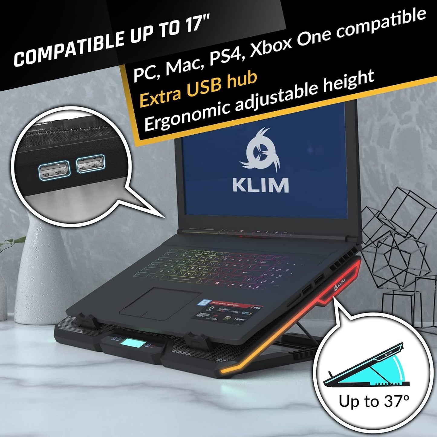 KLIM Glacier RGB Laptop Cooling Pad - 6 Fans Gaming Cooler - Stable Stand With Fan - Compatible up to 17" - 5 Year Warranty - PC Mac PS5 PS4 Xbox One