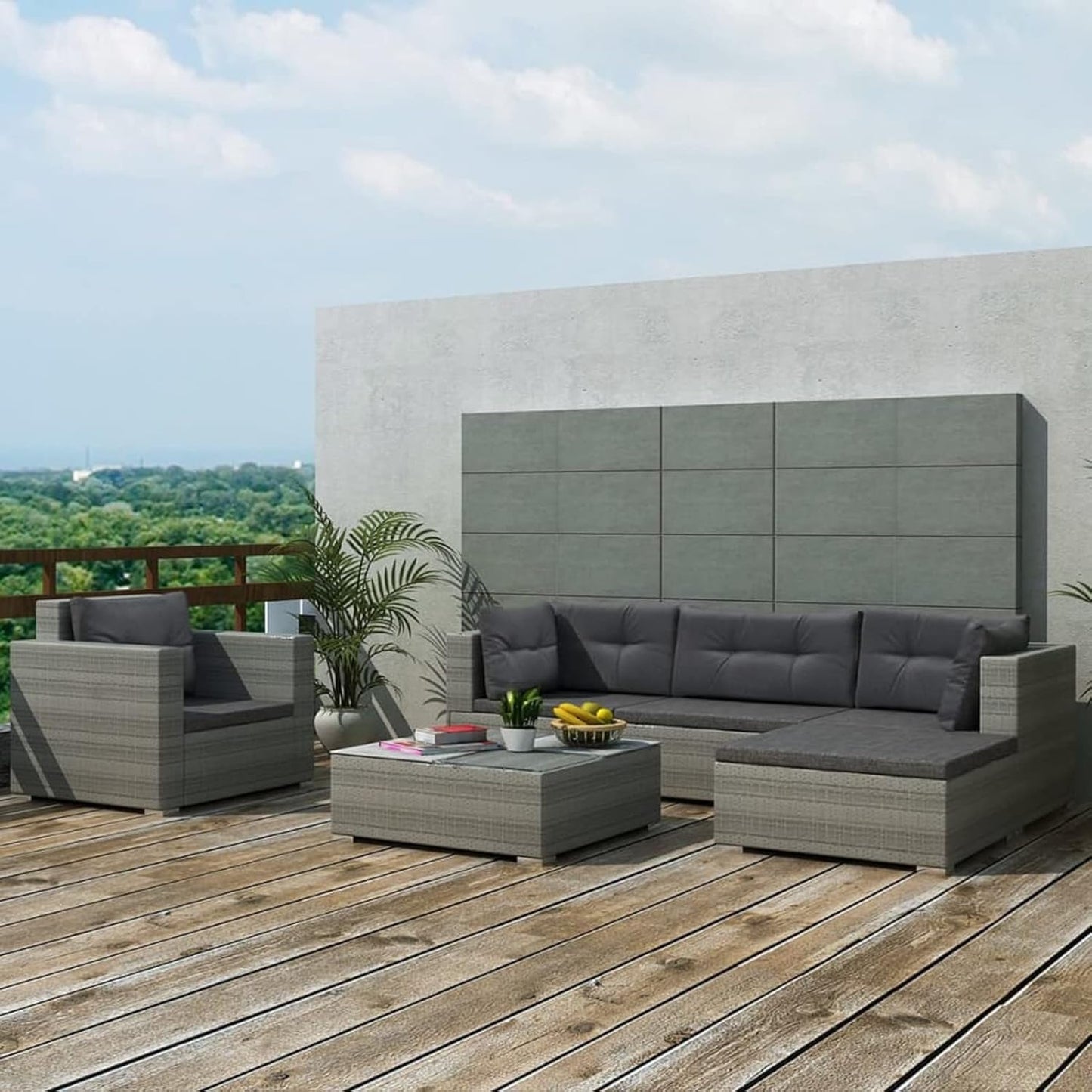 Homgoday Set Divani da Giardino 6 pz con Cuscini in Polyrattan Grigio, Lettini Prendisole, Divano Letto Mobili, Lettini da Giardino, Lettino da Piscina da Giardino per Esterno Piscina