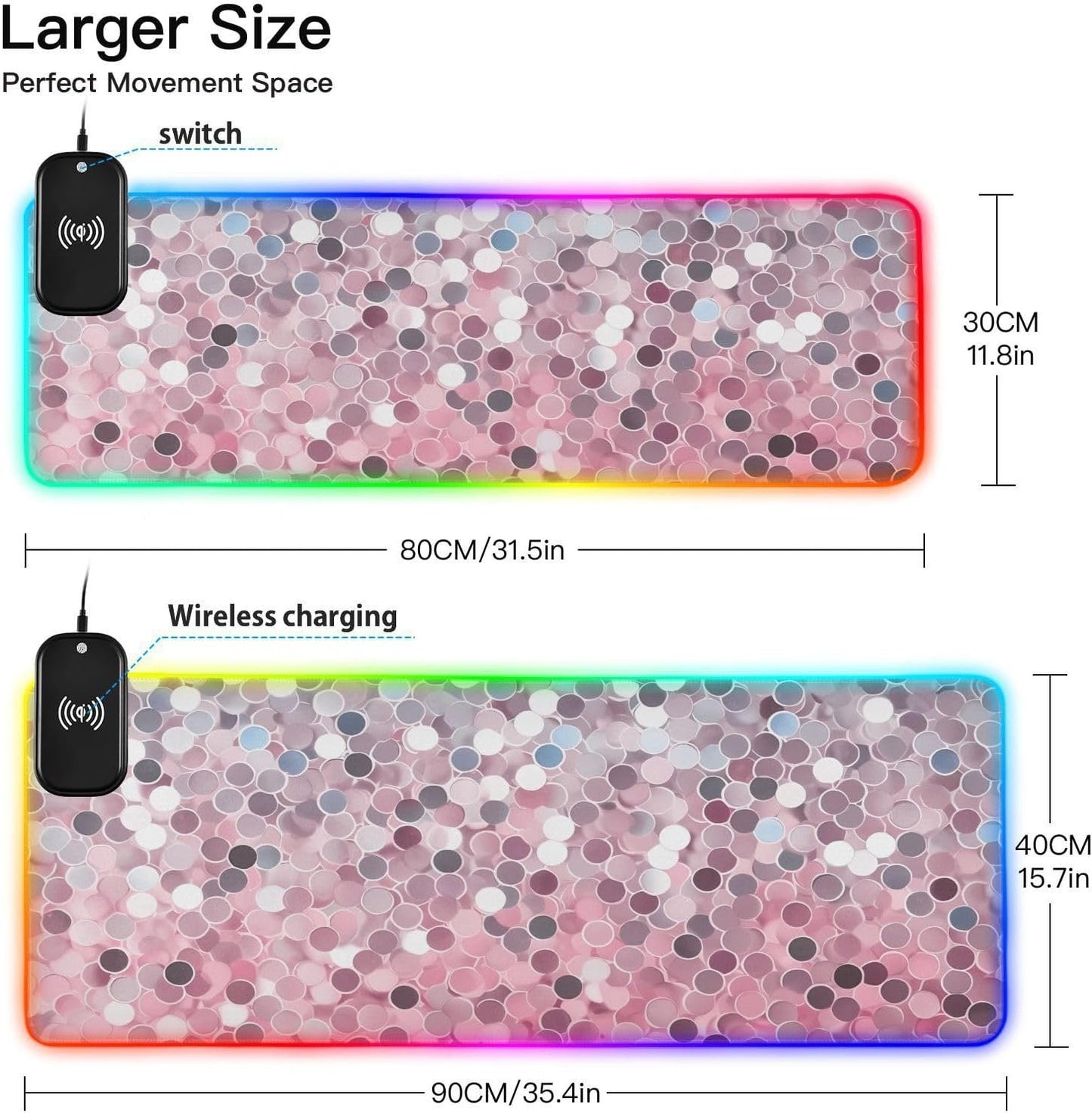 Glitter Pink Purple Gold Silver Wireless Charging Desk Pad, Non-Slip Rubber Base, Gaming Asseccories for Room, 31.5x11.8in