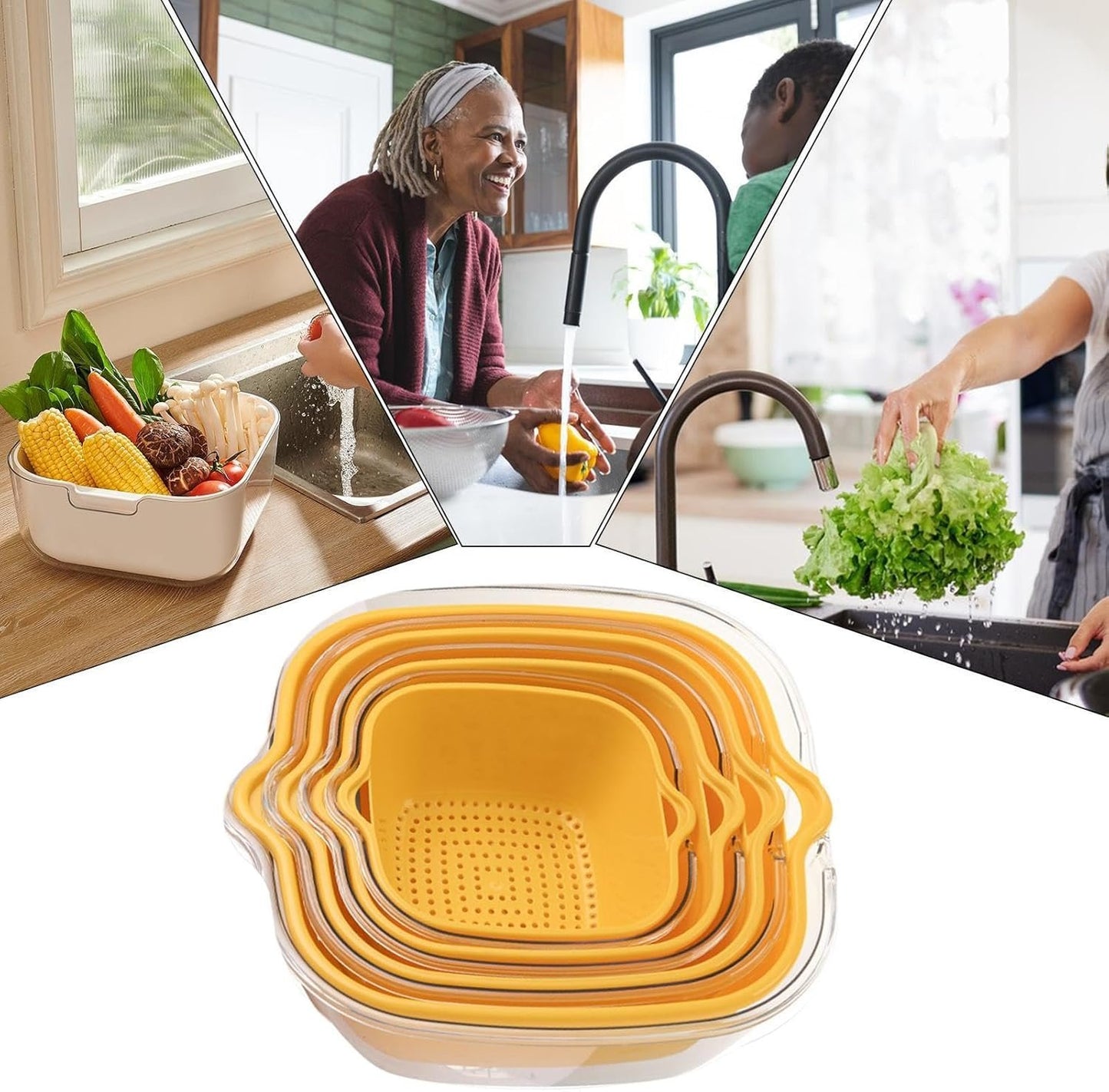 2 Tier Food Washing Colander, Fruit and Veggie Washer Colander, Multifunctional Kitchen Strainer Tool, Thickened Food Prep Salad Washing Tool for Kitchen (Beige, Yellow, Green)