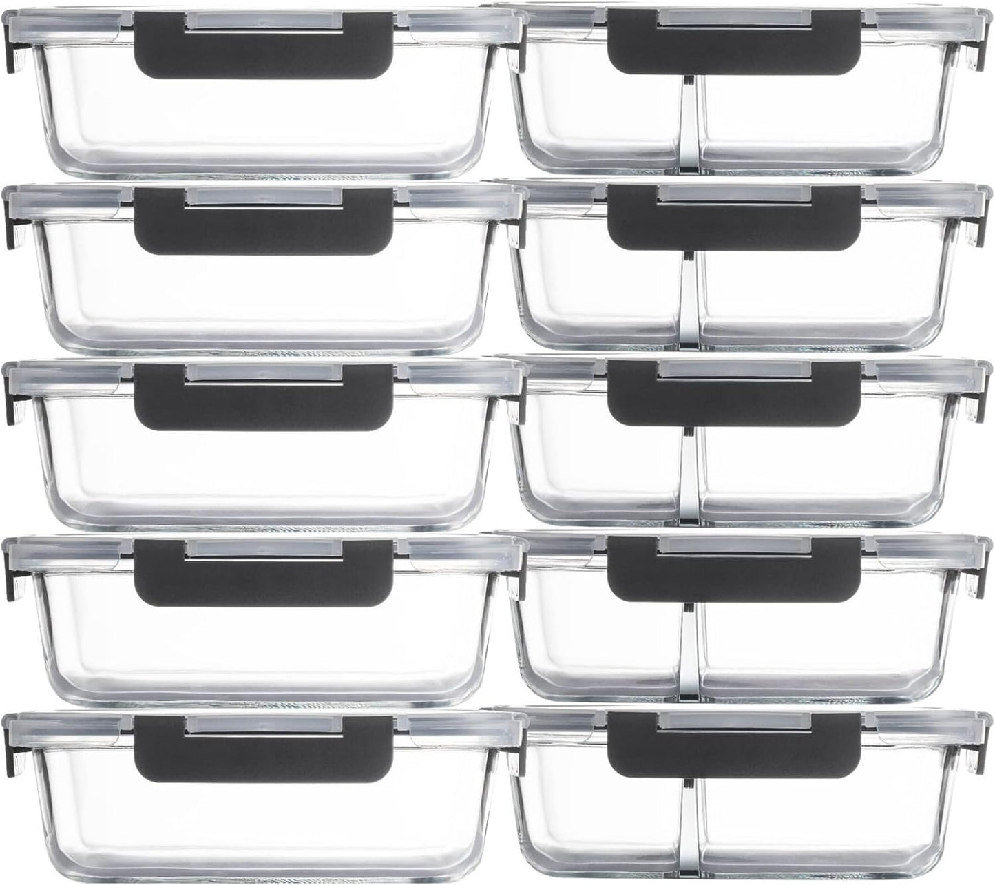 Glass Food Storage Containers(5 Pieces with Partitions,5 Pieces without Partitions),Glass Meal Prep Containers with Snap Lock Leakproof Lids,for Microwave,Freezer,Oven and Dishwasher