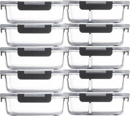 Glass Food Storage Containers(5 Pieces with Partitions,5 Pieces without Partitions),Glass Meal Prep Containers with Snap Lock Leakproof Lids,for Microwave,Freezer,Oven and Dishwasher