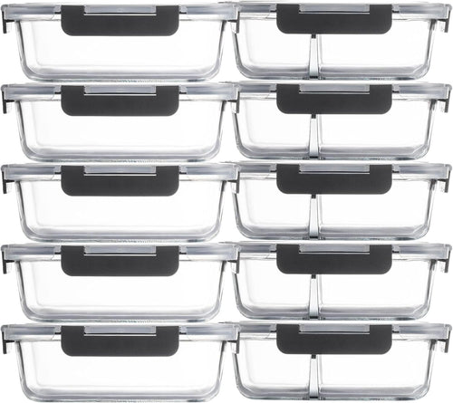 Glass Food Storage Containers(5 Pieces with Partitions,5 Pieces without Partitions),Glass Meal Prep Containers with Snap Lock Leakproof Lids,for Microwave,Freezer,Oven and Dishwasher