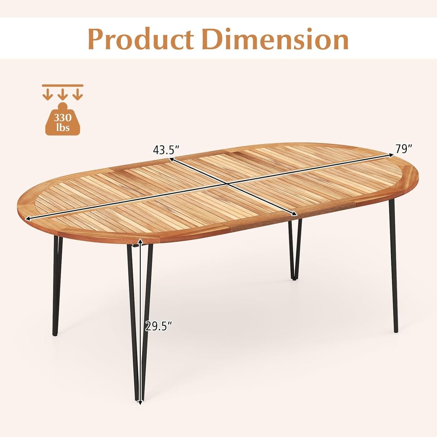 Tangkula 79-Inch Patio Dining Table, Indoor & Outdoor Dining Table w/Umbrella Hole, Acacia Wood Tabletop & Sturdy Metal Legs, Wood Oval Table for 8 People for Patio Yard Garden Deck