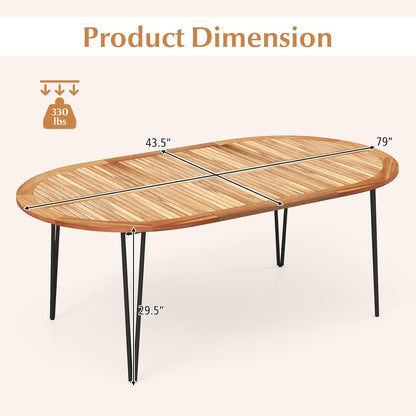 Tangkula 79-Inch Patio Dining Table, Indoor & Outdoor Dining Table w/Umbrella Hole, Acacia Wood Tabletop & Sturdy Metal Legs, Wood Oval Table for 8 People for Patio Yard Garden Deck
