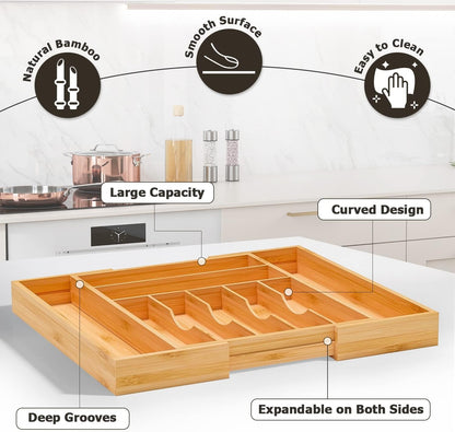 Utensil Organizer Silverware Tray For Drawer - Expandable Silverware Organizer Bamboo Flatware Organizer for Kitchen Utensils and Cutlery, Living Room Storage Box W13.5"-19.9" x L17.6" (Yellow)