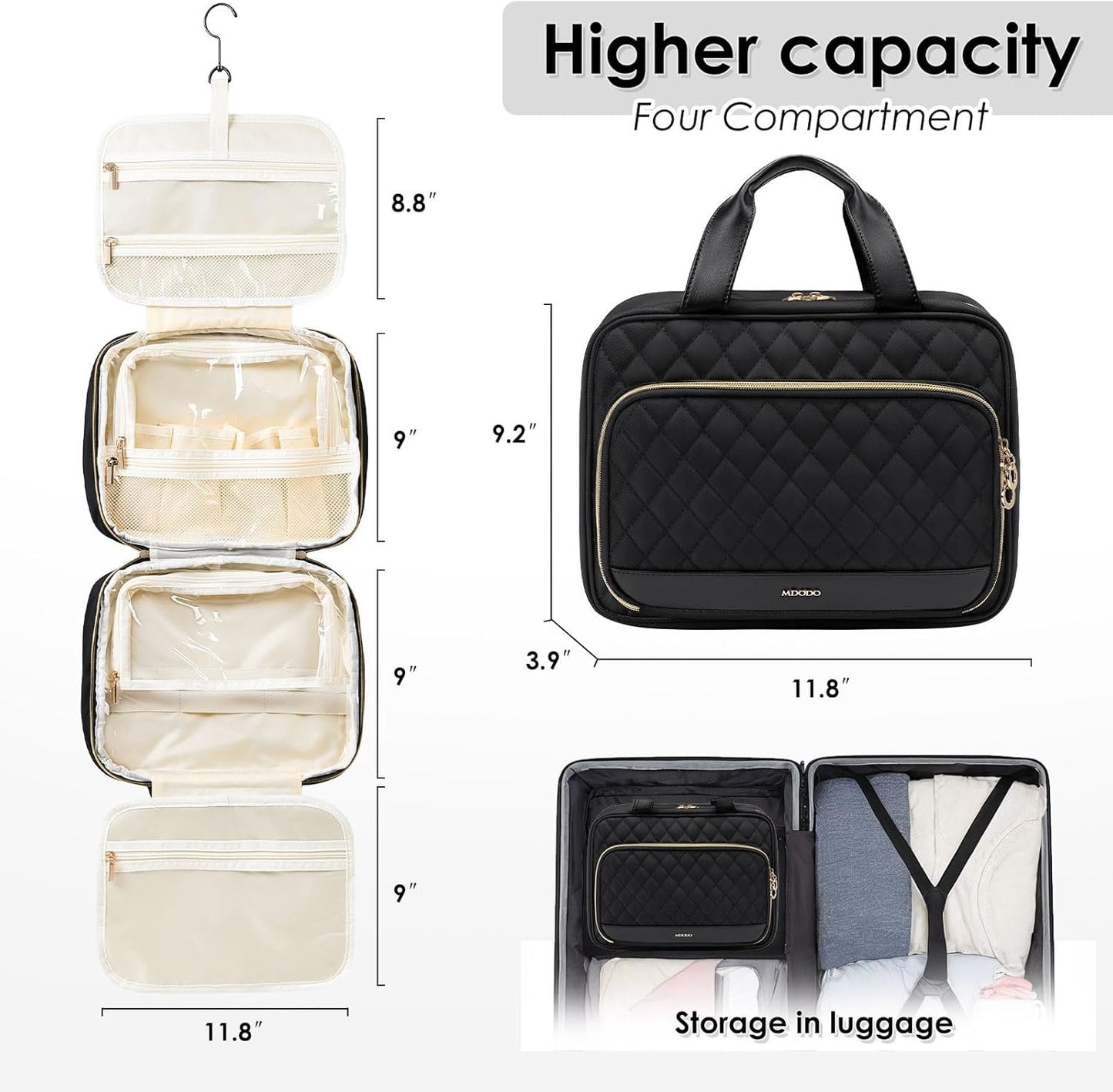 MDODO Hanging Travel Toiletry Bag for Women Traveling with Leakproof Compartment,Transparent Makeup Organizer Cosmetic Make up Bag for Full Sized Travel Accessories Essentials Must Have (Black)