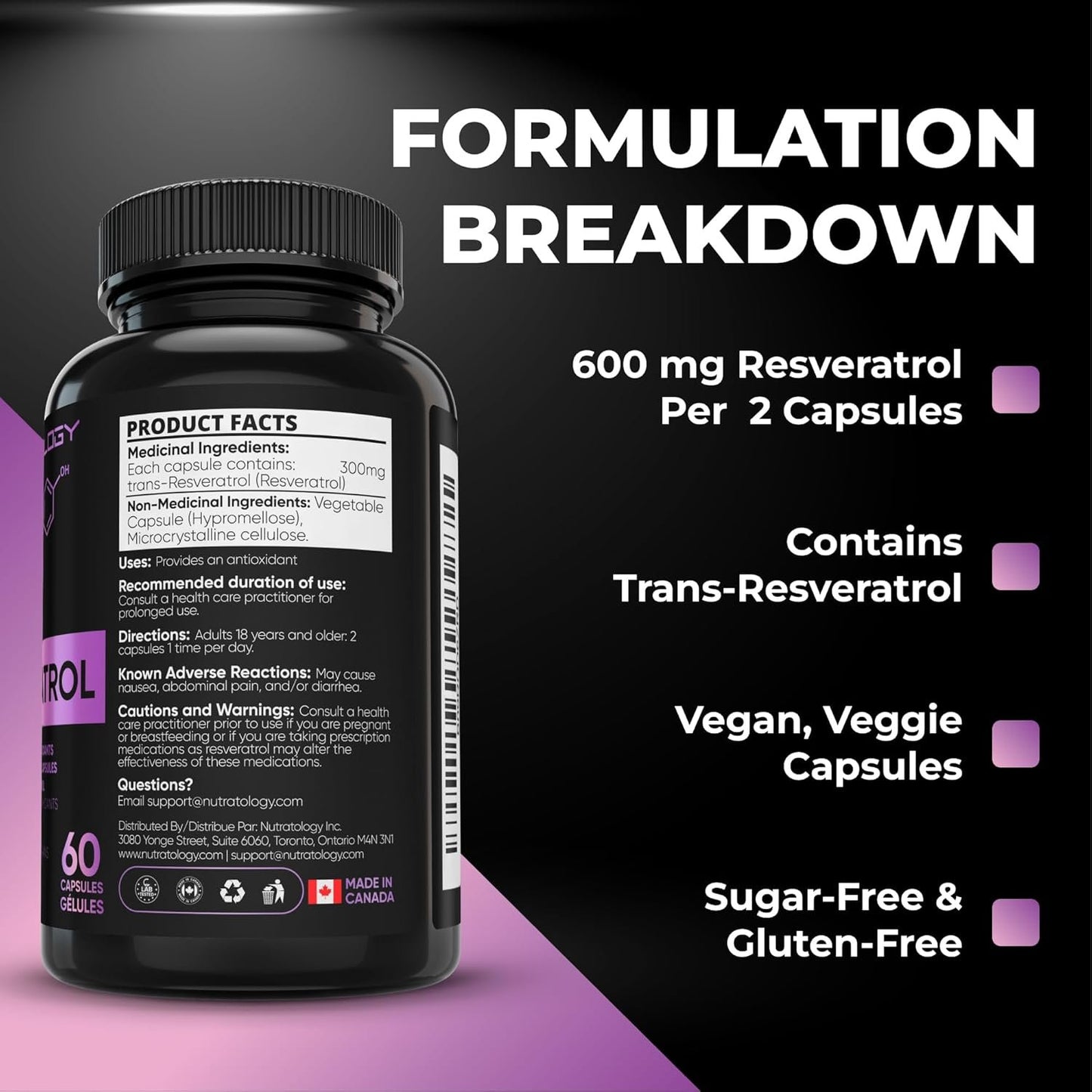 Nutratology Resveratrol Supplement - 600MG Per 2 Capsules - Antioxidant Supplement - Anti Aging Trans Resveratrol - Increases Cardiovascular Health, Cell Regeneration+Hair Growth - 60 Caps