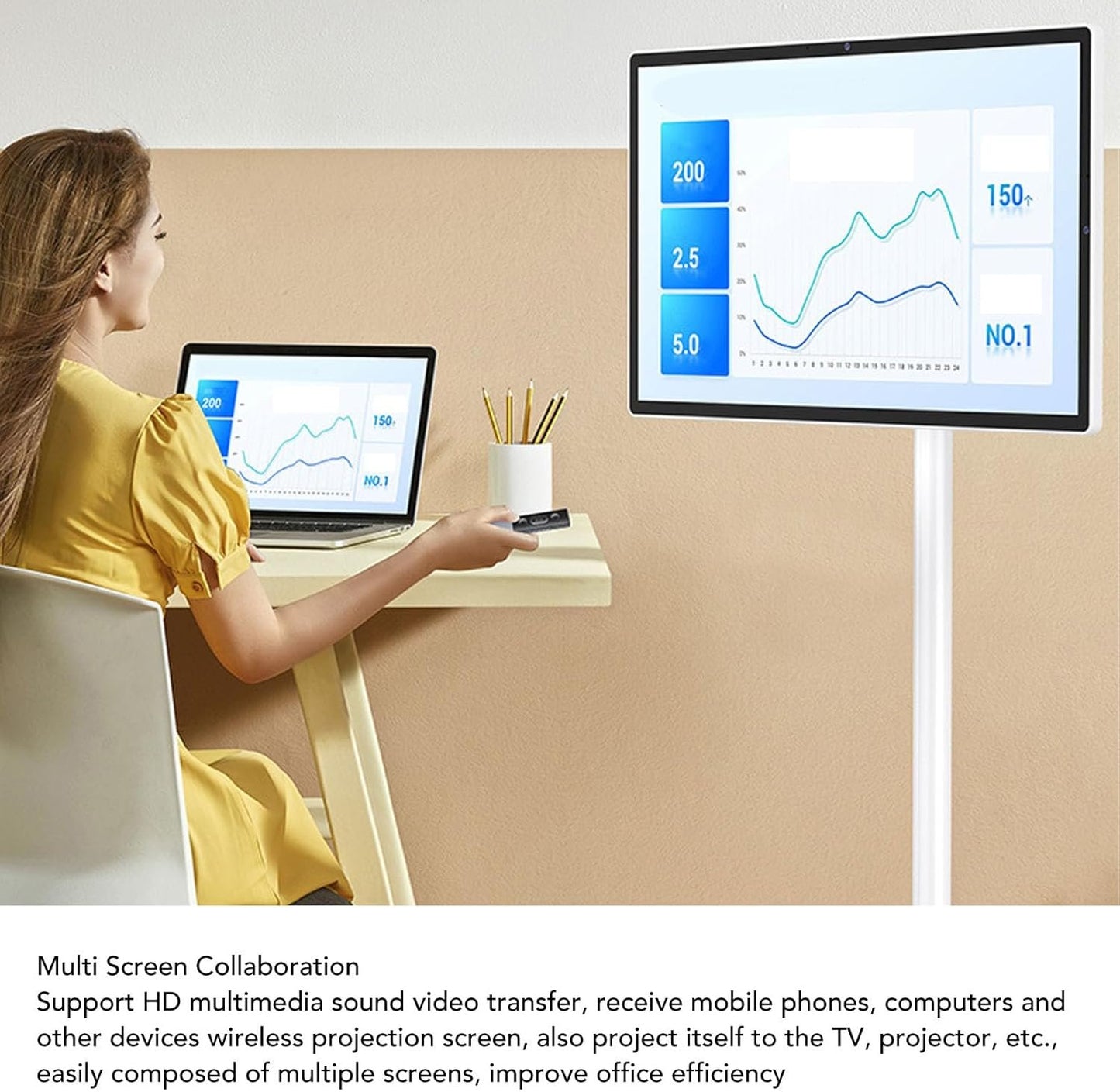 24 Inch Smart Screen Portable TV with Pole Stand & Built in 5MP Camera, 6+128G Movable Touch Display Screen for Live Streaming, Home Entertainment (US Plug 100 to 240V)