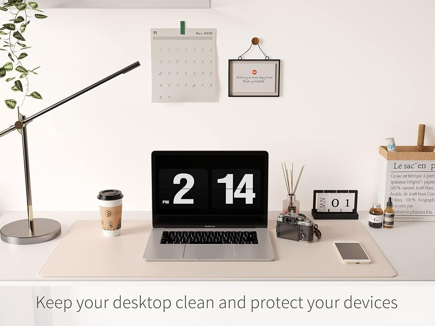 RENMTURE Dual-Sided Desk Pad, Natural Cork & PU Leather Large Mouse mats for Office and Home Work, Desk Protector Non-Slip, Waterproof, Easy Clean (Apricot, 36"x17")