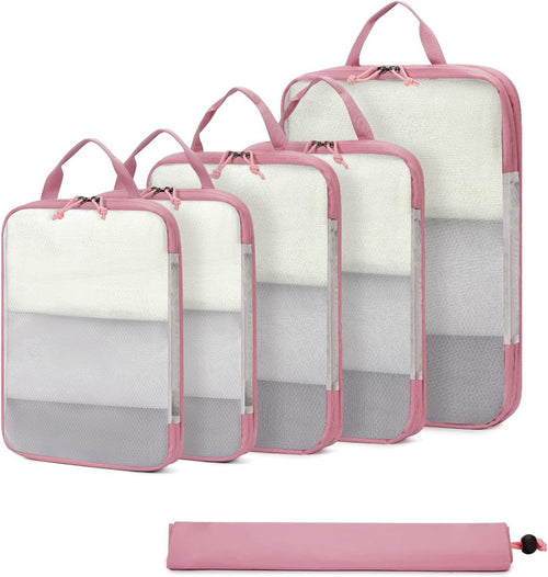 ECOHUB 6 Pieces Space Saving Compression Suitcase Organiser Travel Set with Shoe Covers, Dividers for Hand Luggage, Lightweight, Pink