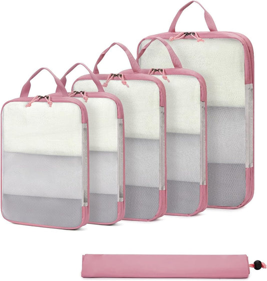 ECOHUB 6 Pieces Space Saving Compression Suitcase Organiser Travel Set with Shoe Covers, Dividers for Hand Luggage, Lightweight, Pink