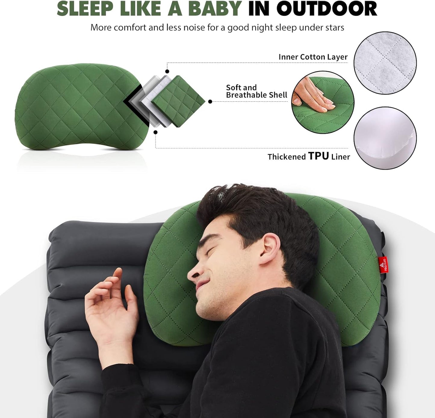 HIKENTURE Camping Pillow-Ultralight Inflatable Pillow with Removable Cover-Comfortable Ergonomic Blow Up Pillow - Compressible Beach Pillow-Air Travel Pillow for Neck & Lumbar Support(Green)