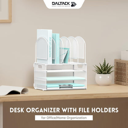 DALTACK Desk Organizer with Vertical File Holder, 3 Tier Desktop Organizer with 5 File Folder Holders and Handles, Desk Organizers and Accessories for Home Office Organization, Metal Mesh, White
