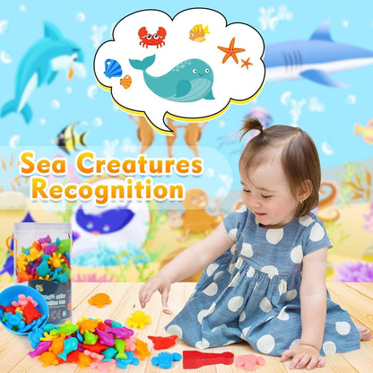 JMANNI Colour Sorting Montessori Toys, Colourful Sea Creatures Counting Educational Toys with Bowls and Tongs, Learning Toys for 3 4 5+ Year Olds Toddlers