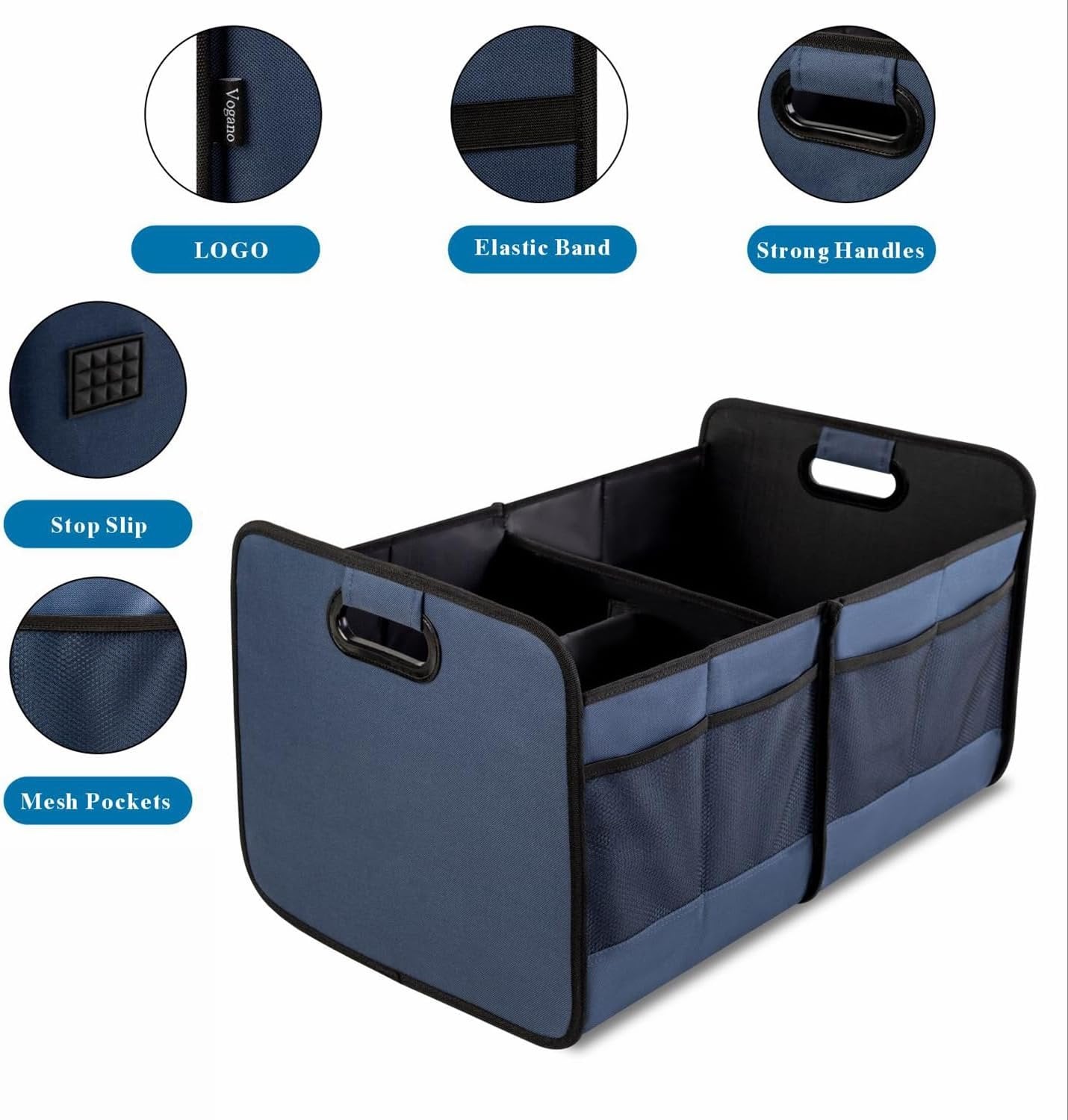 Vogano Trunk Organizer for Car,Collapsible Multi-Compartment Car Organizers Foldable 600D Oxford Polyester for SUV,Automotive (blue)