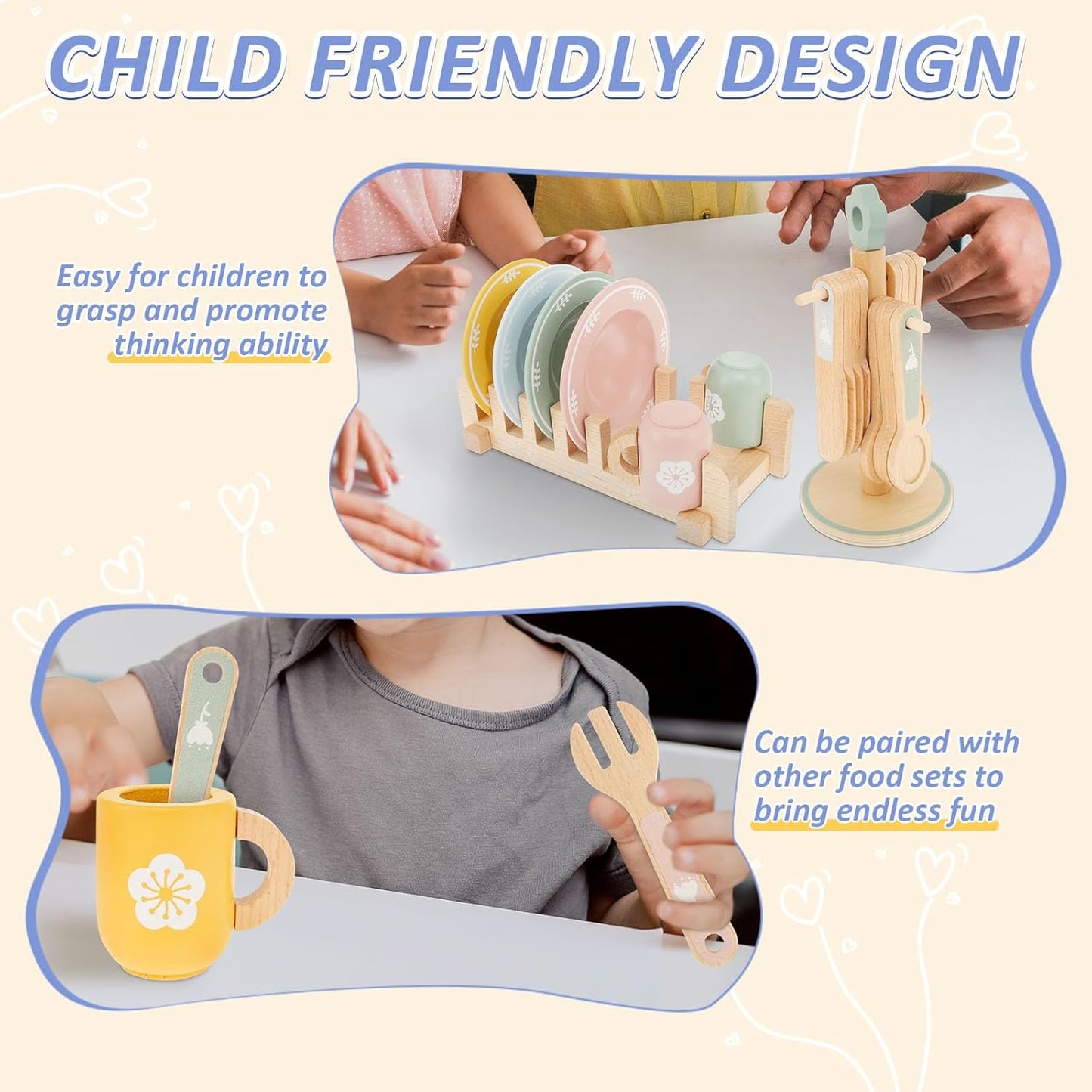 UKQRRTC Kid Wooden Dinnerware Toy Set, Safe Wood Kids Kitchen Playset, Funny Toddler Kitchen Toy, Kitchen Cutlery and Plate Toy Set, Wood Plate and Dish Playset for 3-5 Years Old Children