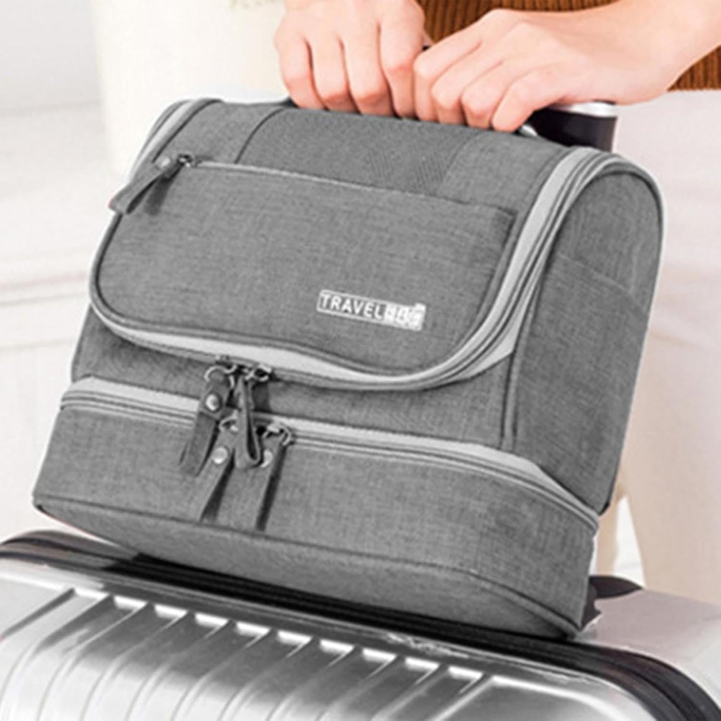 Travel Storage Bag, Compact Travel Organizer, Home Travel Organizer, Toiletry Storage Bag, Travel Hygiene Kit, Wet Dry Organizer, Travel Bag Storage With Hook for Home Travel, Gray, riferimento