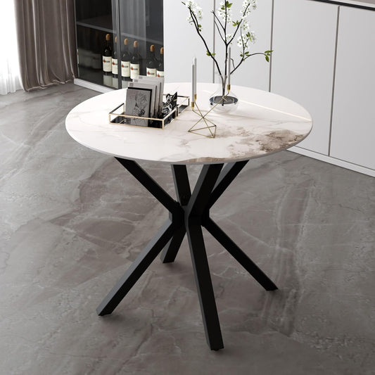 NIERN Round Dining Table, 35.4" Modern White Sintered Stone Table Top Kitchen Table, Dining Room Table with Black Powder Coated Legs for Home Living Room Kitchen