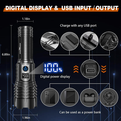 LED Torch Rechargeable Flashlight, Shadowhawk 30000 Lumens XHM77.2 Super Bright Torches, Handheld Torch Flashlight, Powerful Tactical Torch Waterproof Flash Light for Emergency Camping Gift