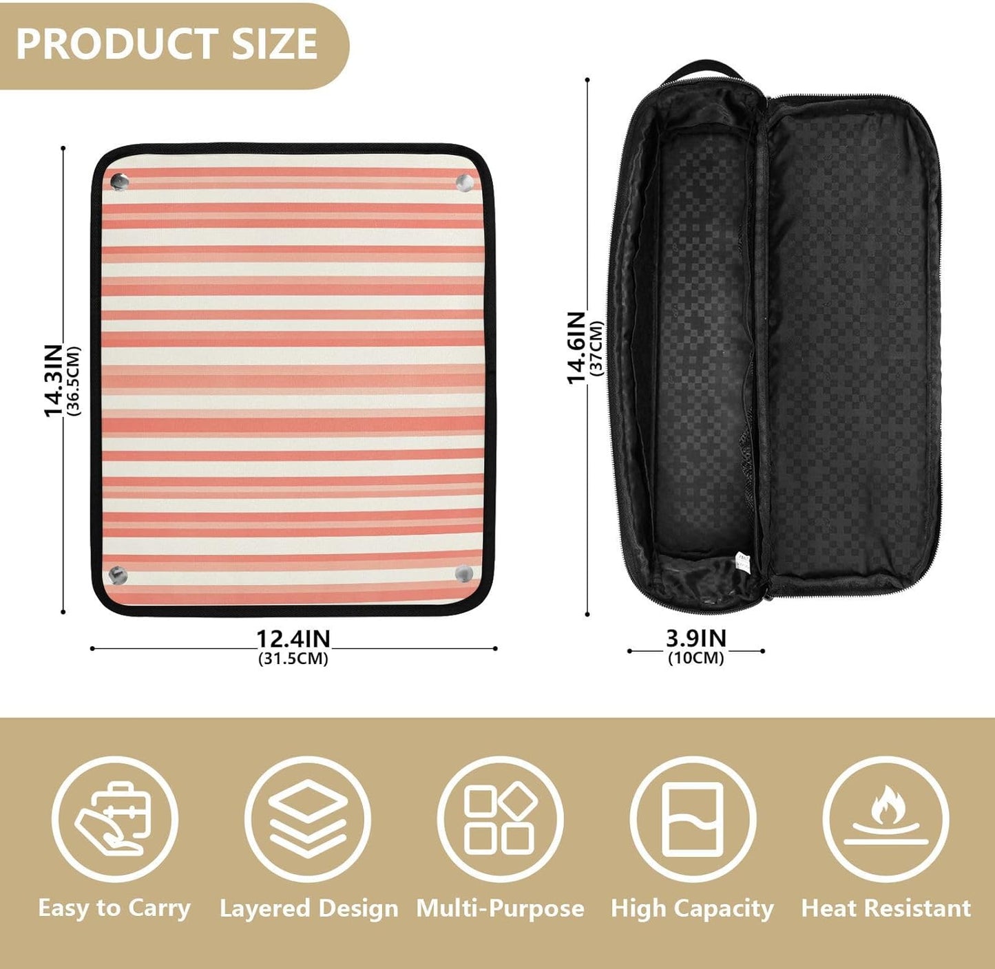 Borsa da viaggio per attrezzi per capelli a righe di salmone scuro per donne con tappetino in ferro portatile custodia da viaggio per strumenti caldi e accessori per la cura dei capelli Borsa da
