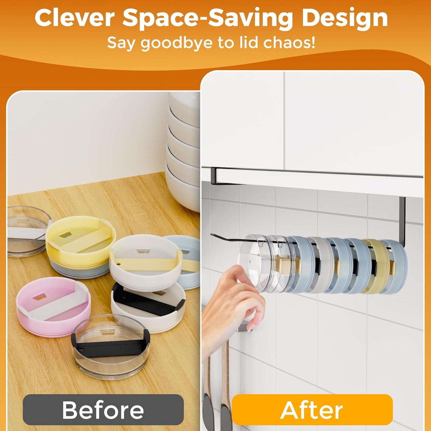 2 PCS Tumbler Lid Organizers, Ample Lid Capacity Up to 30 Lids, No Adhesive No Drill Yeti Lid Organizer Holder Inside Cabinet, Space-Saving Yeti Stanley Tumbler Cup Lid Holder Organizer for Kitchen