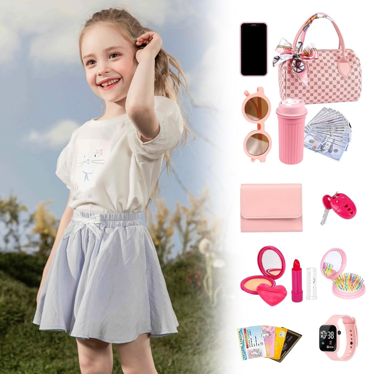 Play Purse, Toy Purse, 7.87x4.33x5.12 inches Princess Pretend Accessories, Interactive Role Play Clutch Set, Dress-Up Games for Kids Children Ages 3 6 Years Old, Little Girls