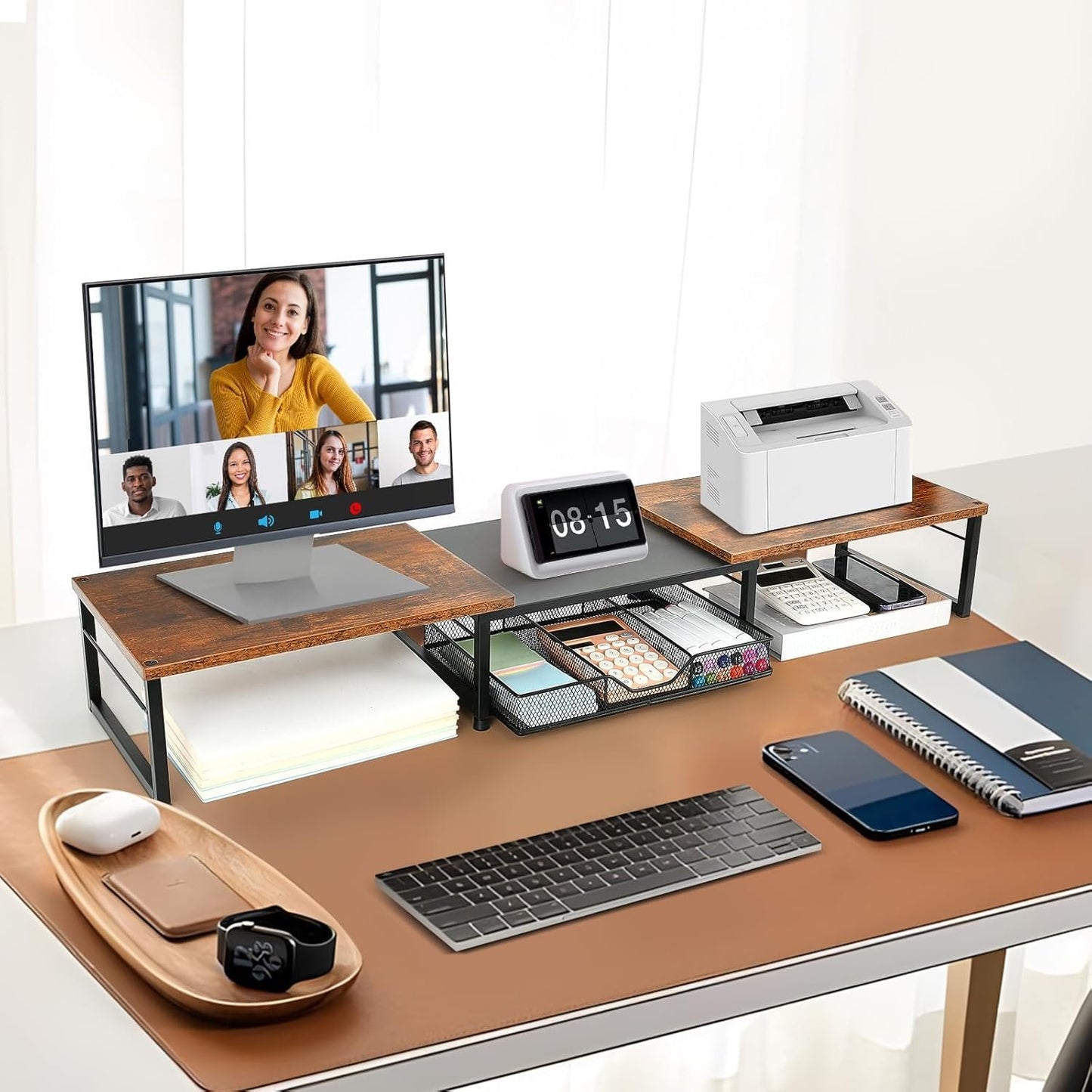 OPNICE Dual Monitor Stand Riser, Desk Organizer with Drawer, Office Desk Organizers and Accessories, Office Workspace Organization Computer Monitor Stand for Laptop, Printer, TV, Office Supplies,