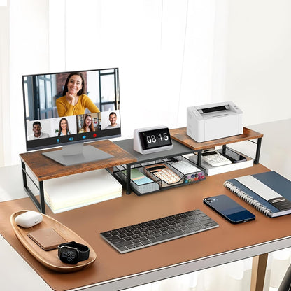 OPNICE Dual Monitor Stand Riser, Desk Organizer with Drawer, Office Desk Organizers and Accessories, Office Workspace Organization Computer Monitor Stand for Laptop, Printer, TV, Office Supplies,