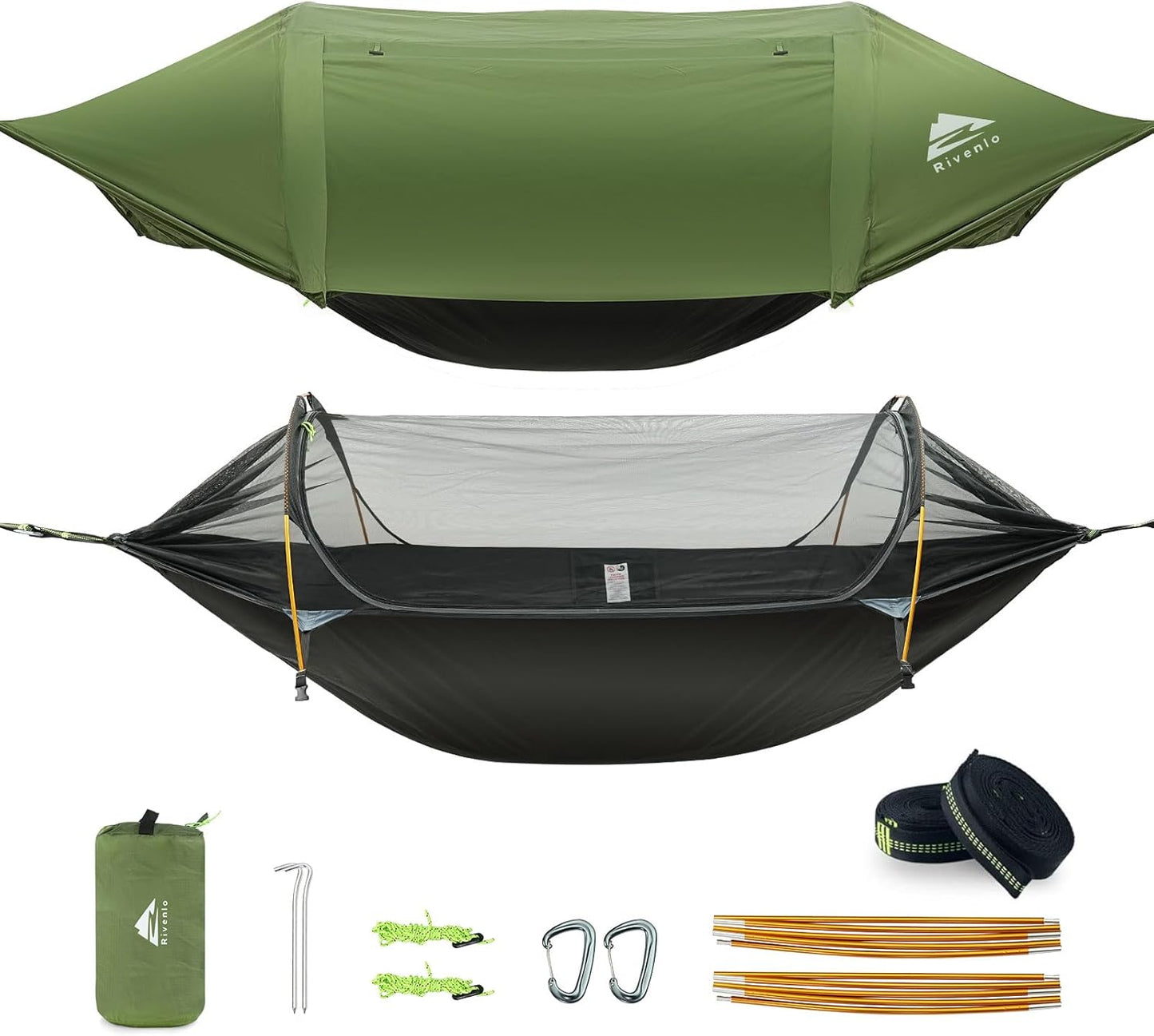 Rivenlo Camping Hammock Tent with Mosquito Net & RainFly, 3 in 1 Waterproof Lightweight Portable Sleeping Hammock Bug Backpacker Travel Outdoor Gear with Tree Strap Swing, for Hiking Patio Expedition