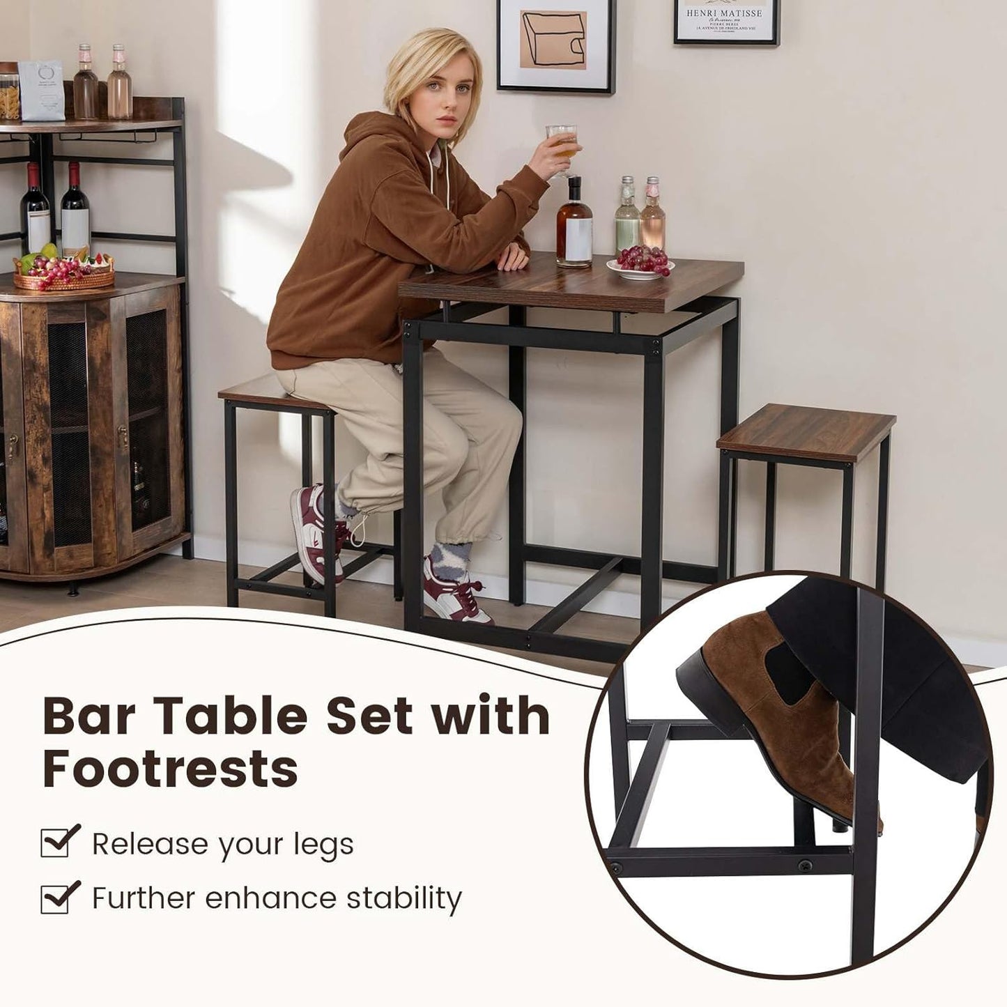 Costway 3 Pieces Bar Table Set, Square Counter Height Table with Stools, Floating Tabletop & Footrest, Industrial Pub Table Set for Small Space, Breakfast Nook, Kitchen, Rustic Brown