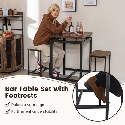 Costway 3 Pieces Bar Table Set, Square Counter Height Table with Stools, Floating Tabletop & Footrest, Industrial Pub Table Set for Small Space, Breakfast Nook, Kitchen, Rustic Brown
