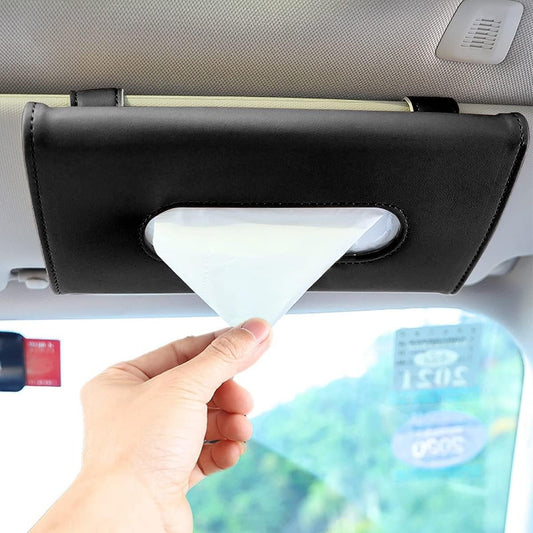 Car Tissue Holder, Sun Visor Napkin Holder, Hanging Paper Towel Case, PU Leather Tissue Box, Universal Auto Leather Visor Tissue Holder for Car Accessories Interior (Black)