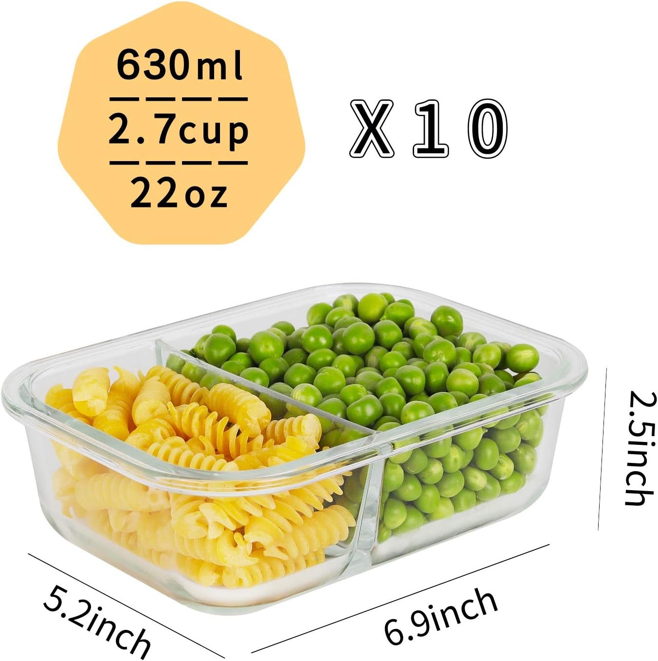 Bayco 10 Pack Glass Meal Prep Containers 2 Compartment, Glass Food Storage Containers with Lids, Airtight Glass Lunch Bento Boxes, Leak Proof (10 lids & 10 Containers)