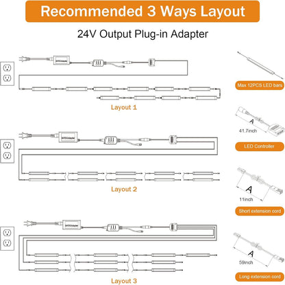 Under Cabinet Lights Kit, LED Smart Dimmable Strip Lighting Fixtures, 24V Plug in Linkable Bar LED Counter Lights for Pantry, Kitchen, Shelf, Bookcases, Showcase (10 PCS, Warm White)