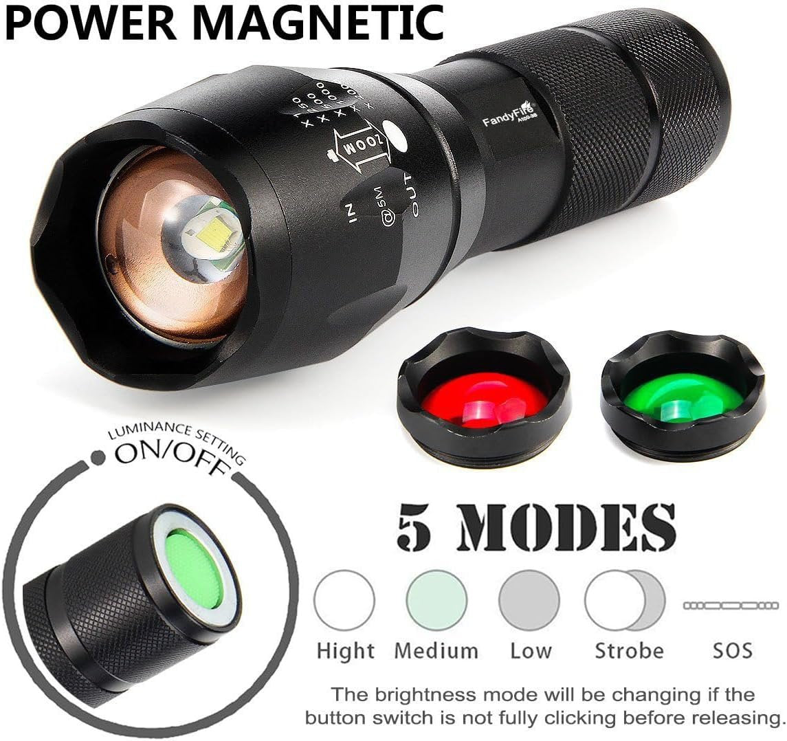 FandyFire A100 Tactical Flashlight: 900 Lumens 5 Modes Versatile 3-in-1 LED Hunting Light with Interchangeable RED & Green Glass Lens