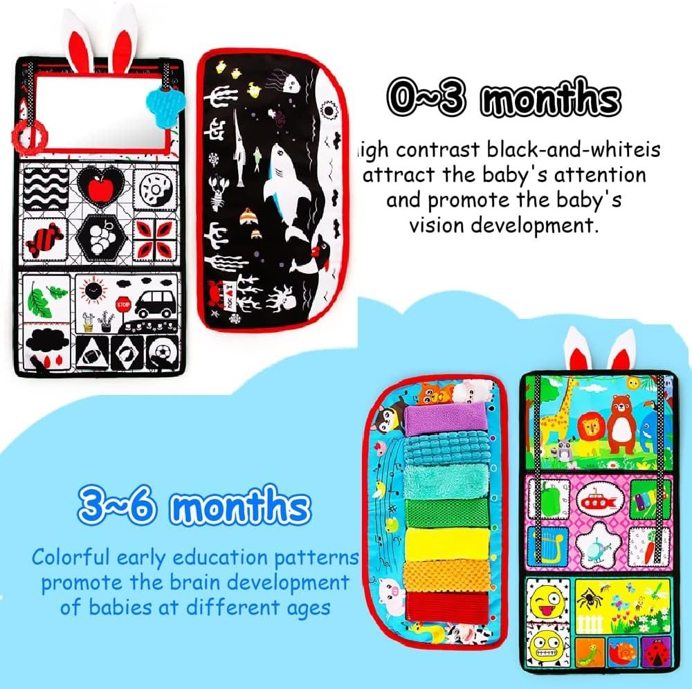 Inbeby Tummy Time Mirror Toy & Play Activity Cinrkle Mat, Black and White High Contrast Baby Newbron Toys 0 3 6 Months Brain Development, Snesory Texture Piano Infant Toys 0 3 6 Months with Squeaker