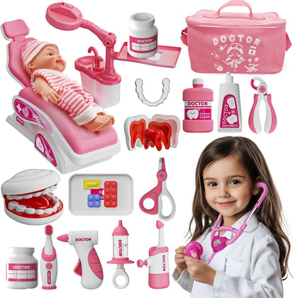 Toy Doctor Kit for Toddlers, Kids Dentist Play Set with Dentist Chair, Doll Toy, Stethoscope, Large Carrying Storage Bag, Dental Accessories, Pretend Doctor Play Medical Gift Kit for Girls Pink