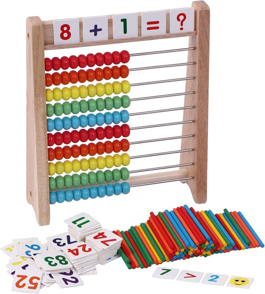 Cltoyvers Wooden Abacus for Kids Math with 100 Counting Sticks and Number Toys Cards 1-100, Educational Math Games Preschool Learning Toys, Math Manipulatives for Elementary 1st 2nd Grade
