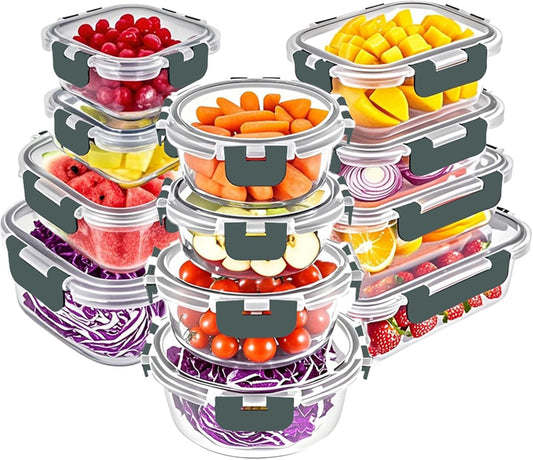 VERONES 24 Pieces Glass Food Storage Containers Set, Airtight Glass Lunch Containers, Glass Meal Prep Containers with Lids,Exclusive of BPA, for Microwave, Oven, Freezer & Dishwasher Friendly,Grey