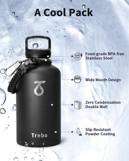 Half Gallon Water Bottle with Paracord Handle - Trebo 64oz Wide Mouth Insulated Double Wall Stainless Steel Large Sports Flask Keep Hot 24 Hours & Cold 48 Hours Water Jug with 3 Lids, Black