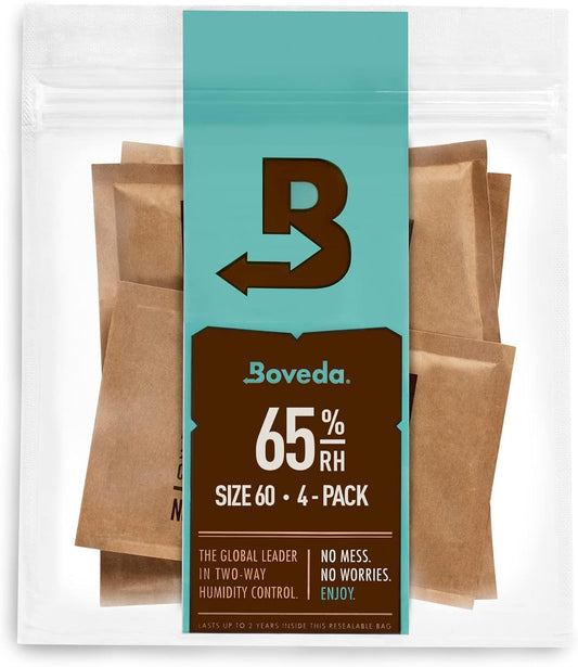 Boveda 65% RH 2-Way Humidity Control | Size 60 for Use with Every 25 Cigars a Humidor Can Hold | Patented Technology for Humidors | 4-Count Resealable Bag