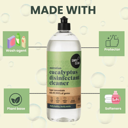 SimplyClean Eucalyptus Disinfectant Concentrated Cleaner - Natural Multi-Surface Cleaner with Pure Australian Eucalyptus Essential Oil - Makes 40 Litres - 1 Litre