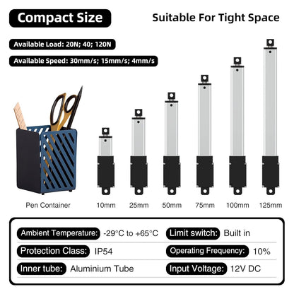 Juyancao 125mm 20N Mini Electric Linear Actuator 5 Inch Linear Motion Actuator 12V Actuators with Brackets for Cabinets, Robotics, Home Automation, Window Opener
