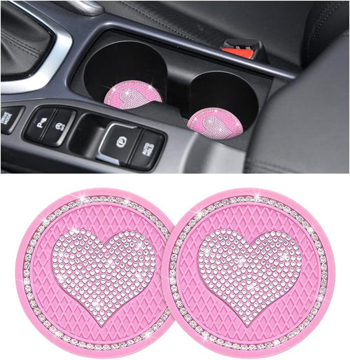 XINLIYA Heart Bling Car Cup Holder Coaster, 2PCS Universal Crystal Rhinestone Loving Heart Car Coasters, Cute Vehicle Anti-Slip Drink Cup Mat, Auto Interior Accessories Universal for Women Girls (Pink)