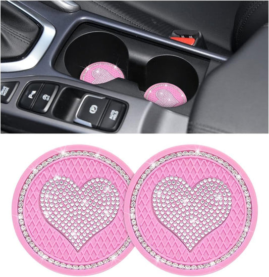 XINLIYA Heart Bling Car Cup Holder Coaster, 2PCS Universal Crystal Rhinestone Loving Heart Car Coasters, Cute Vehicle Anti-Slip Drink Cup Mat, Auto Interior Accessories Universal for Women Girls (Pink)