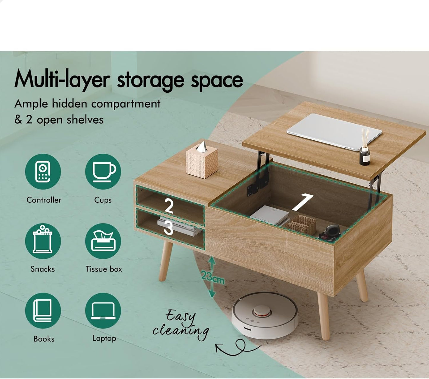 ALFORDSON Lift Tabletop Coffee Table Center Table Wood Color, Living Room Office Reception Dining Table with Rising Top, Hidden Storage and Side Open Shelves