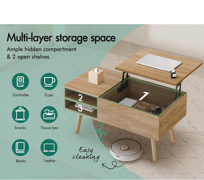 ALFORDSON Lift Tabletop Coffee Table Center Table Wood Color, Living Room Office Reception Dining Table with Rising Top, Hidden Storage and Side Open Shelves