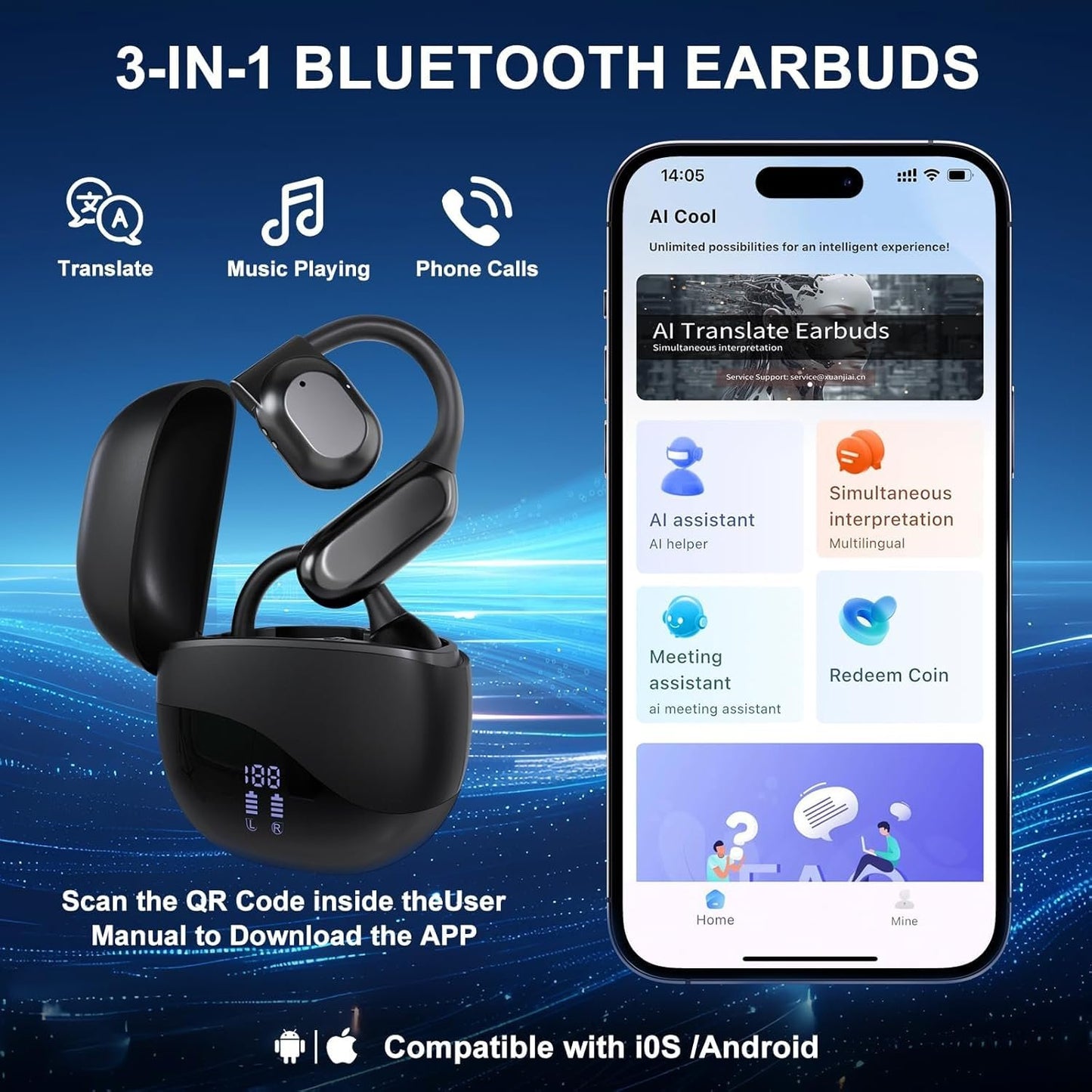 AI Real Time Translation Earbuds,144 Languages Real Time Translator,Bluetooth Wireless Instant Translation Headset Device for iOS and Android,Noise Reduction Open Ear Language Translation Headset